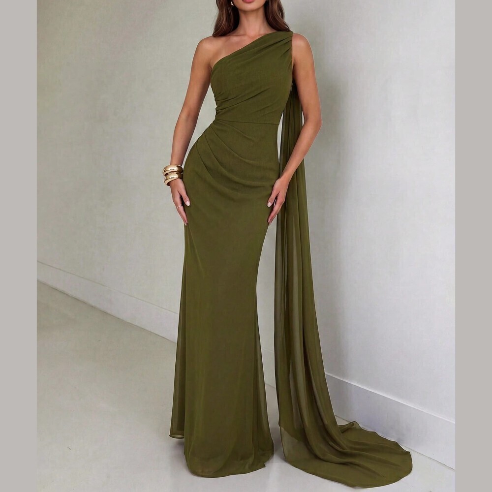 Olive Green One-Shoulder Draped Cape Maxi Gown - Picture 4 of 6